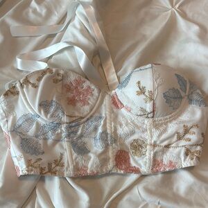 SHEIN Floral Embroidered Bustier Top - White, Pink, Blue, Gold